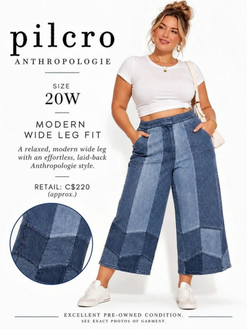 Pilcro Positano Patchwork Cropped Wide-Leg Jeans Blue Waist 20W+